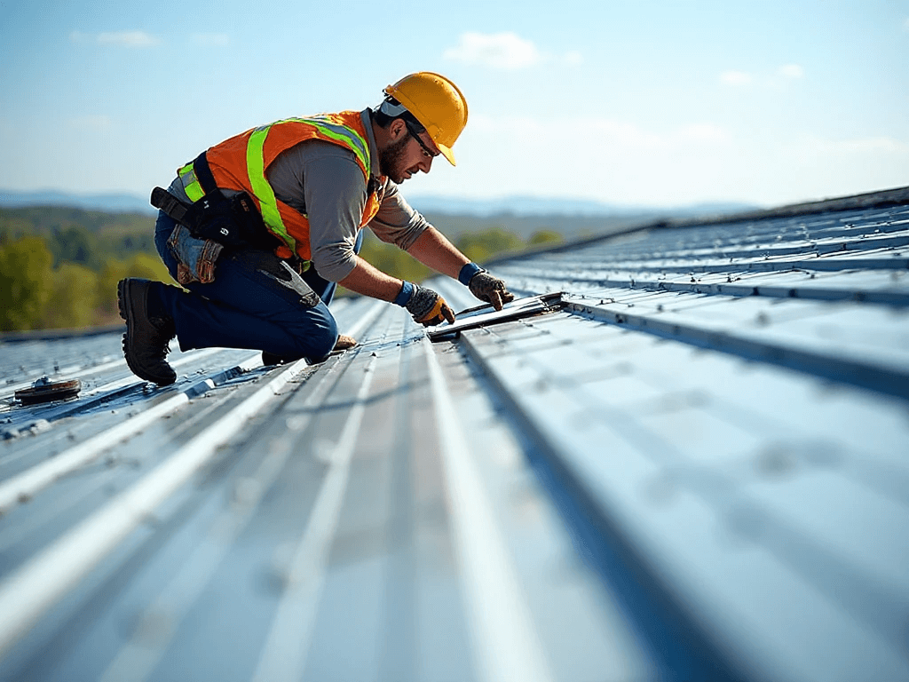 TWI Roofing side view image of roofer doing checks on roof