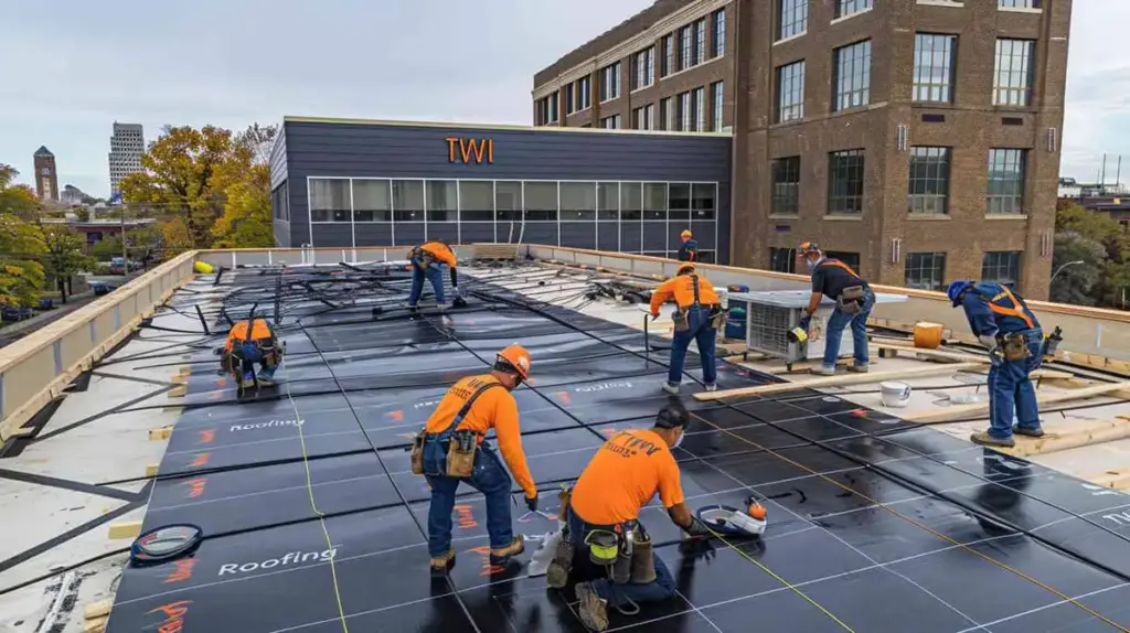 Image showing commercial roofing top view with roofers