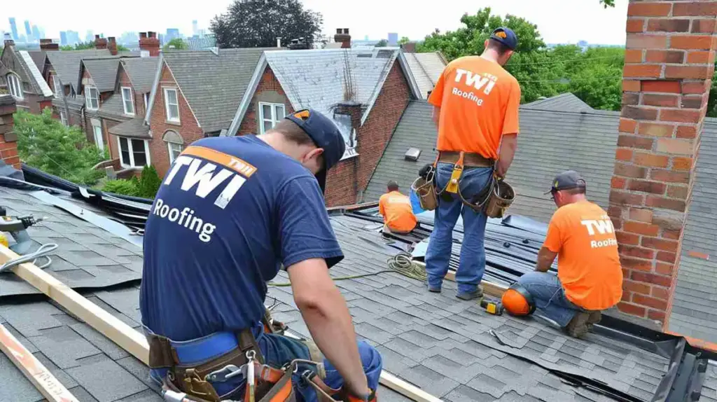 Image showing roofing top view with roofers